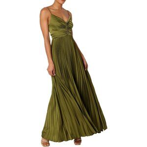 Women's Army Green Polyester Pleated Adjustable Spaghetti Strap Maxi Dress